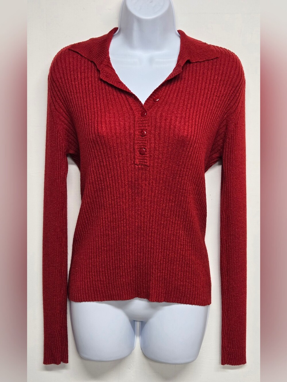 Kathie Lee Collection S 4-6 Vintage Top Red Ribbed Long Sleeve Stretch